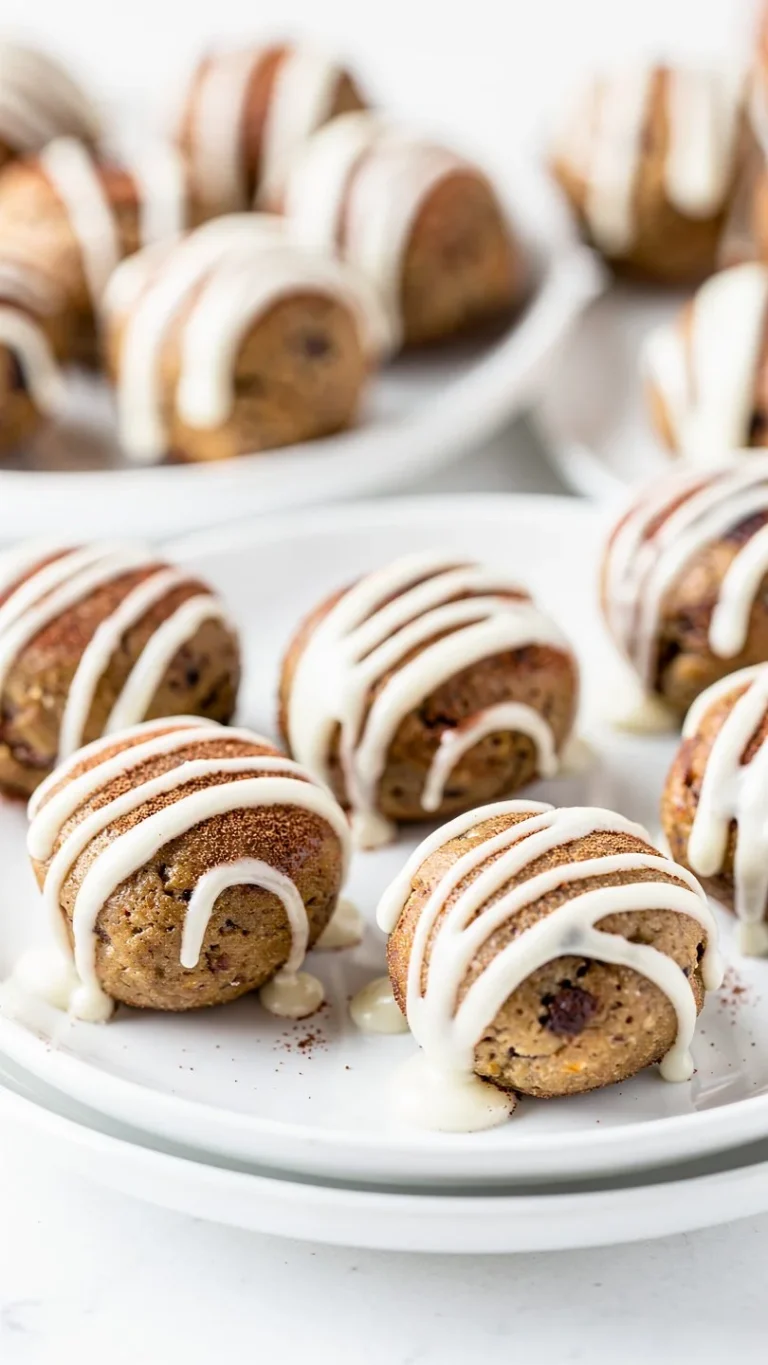 Cinnamon roll protein bites displayed on a wooden table with cinnamon sticks.
