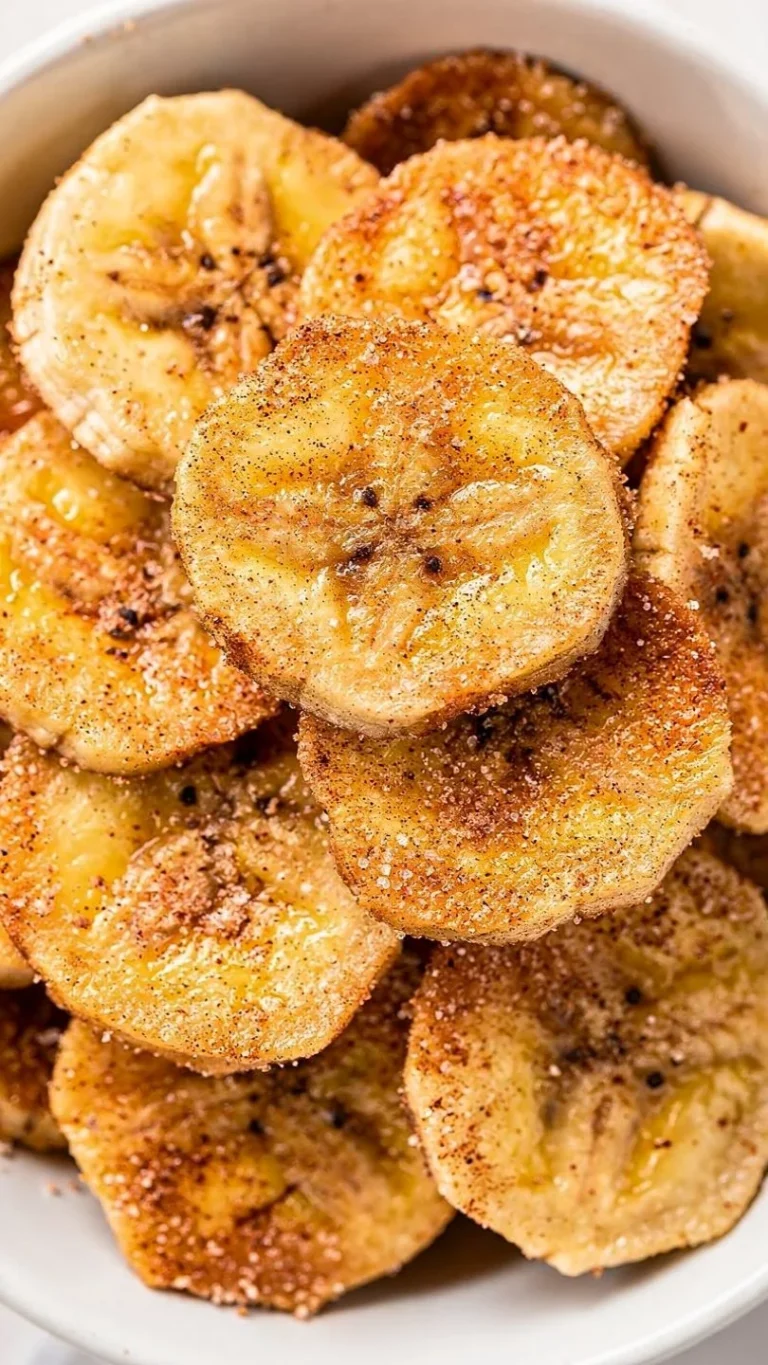 Cinnamon-sugar air fryer banana chips on a white plate