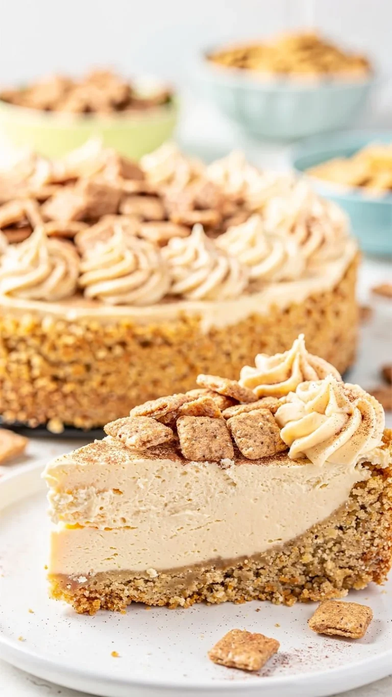 Slice of creamy Cinnamon Toast Crunch Cheesecake topped with cereal.