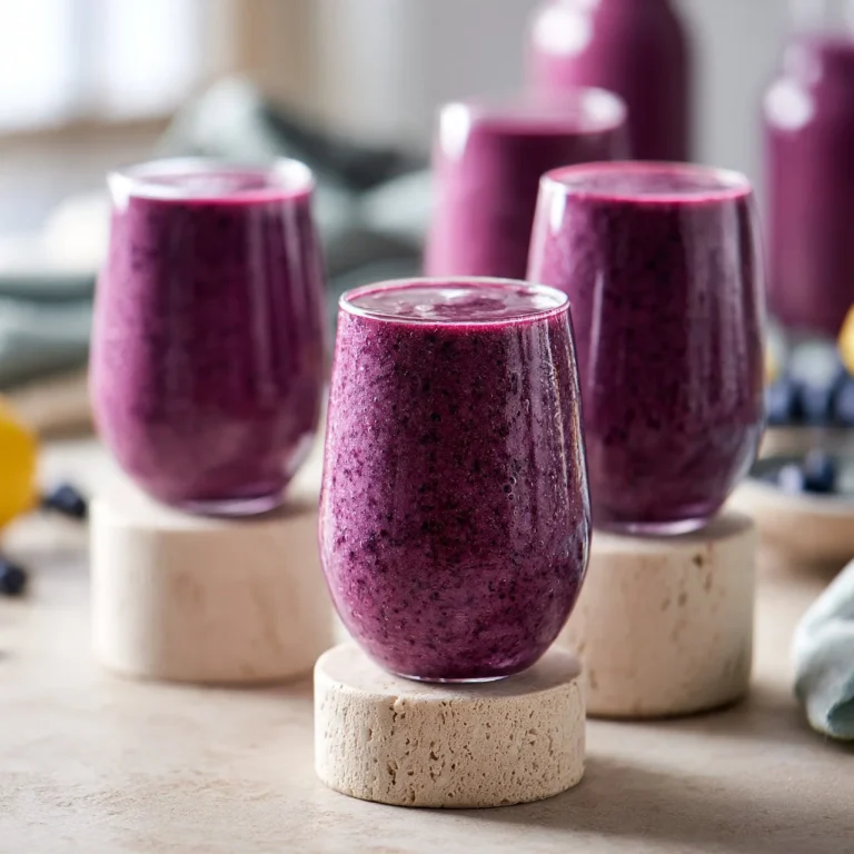 Creamy avocado smoothie with lemon and blueberries in a glass