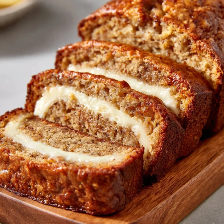 Creamy banana bread with cheesecake swirl layered and baked to perfection