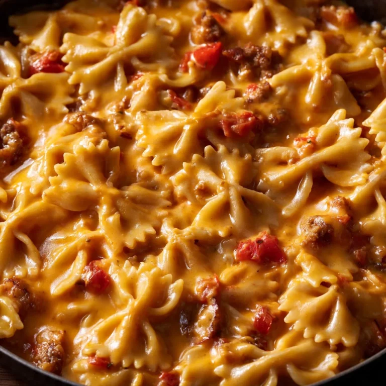 Creamy Cajun sausage pasta dish in a skillet garnished with herbs