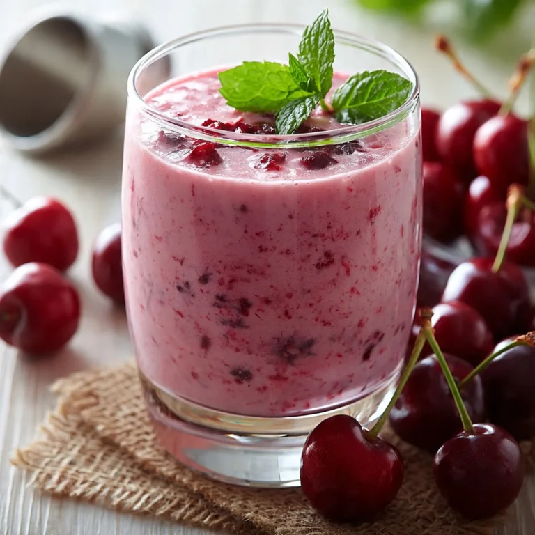 Creamy cherry vanilla smoothie in a glass with fresh cherries and vanilla beans