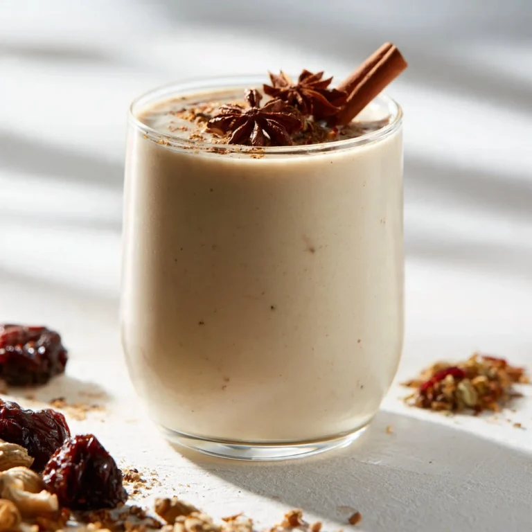 Creamy cinnamon date smoothie in a glass with a straw and cinnamon