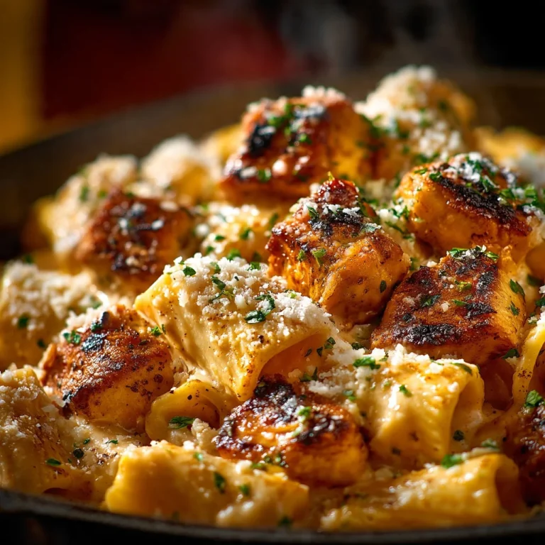 Creamy Garlic Butter Chicken Pasta served with Rigatoni and Parmesan cheese