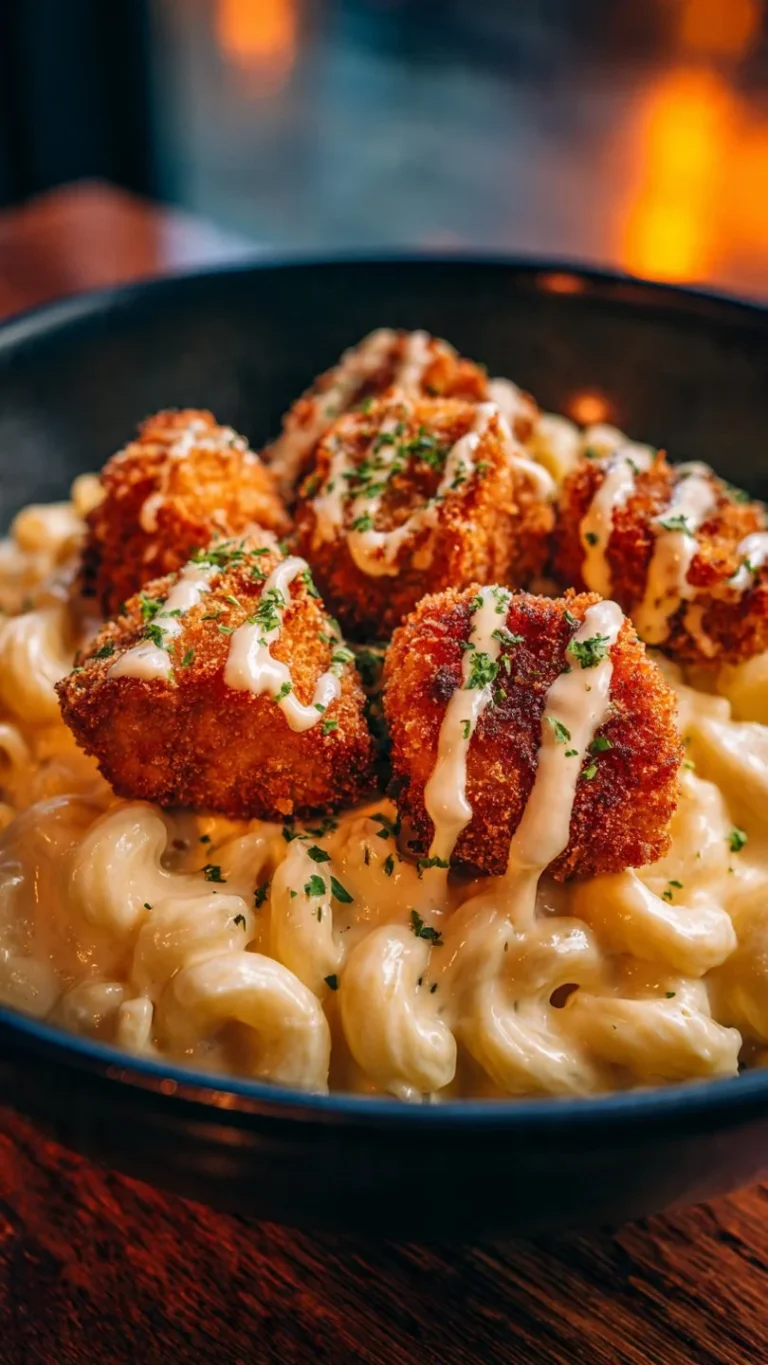 Creamy Honey Pepper Chicken Mac and Cheese dish garnished with herbs