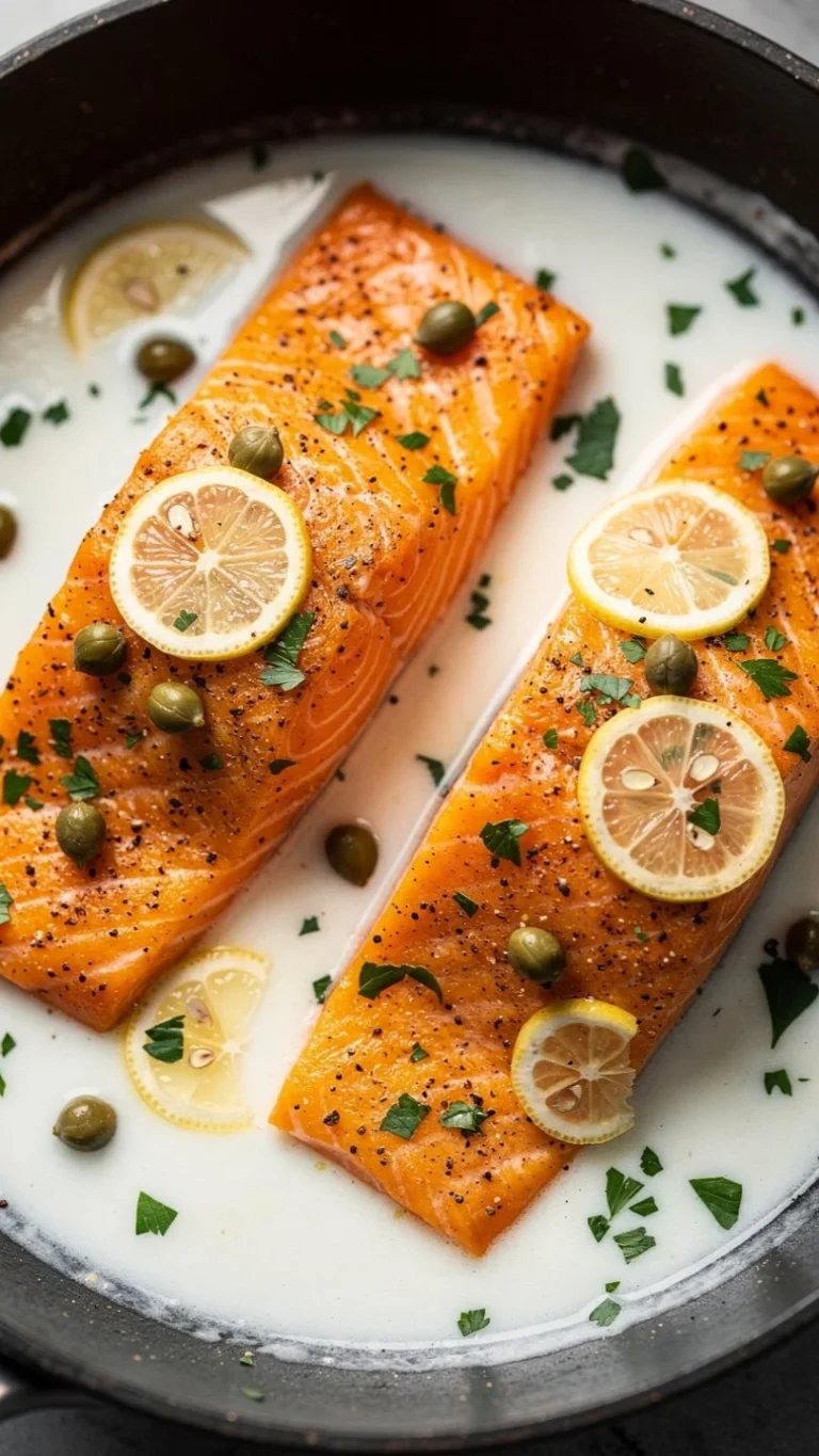 Creamy lemon garlic salmon piccata served with fresh herbs