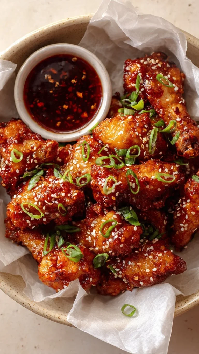 Plate of crispy Korean fried chicken garnished with sauce and herbs