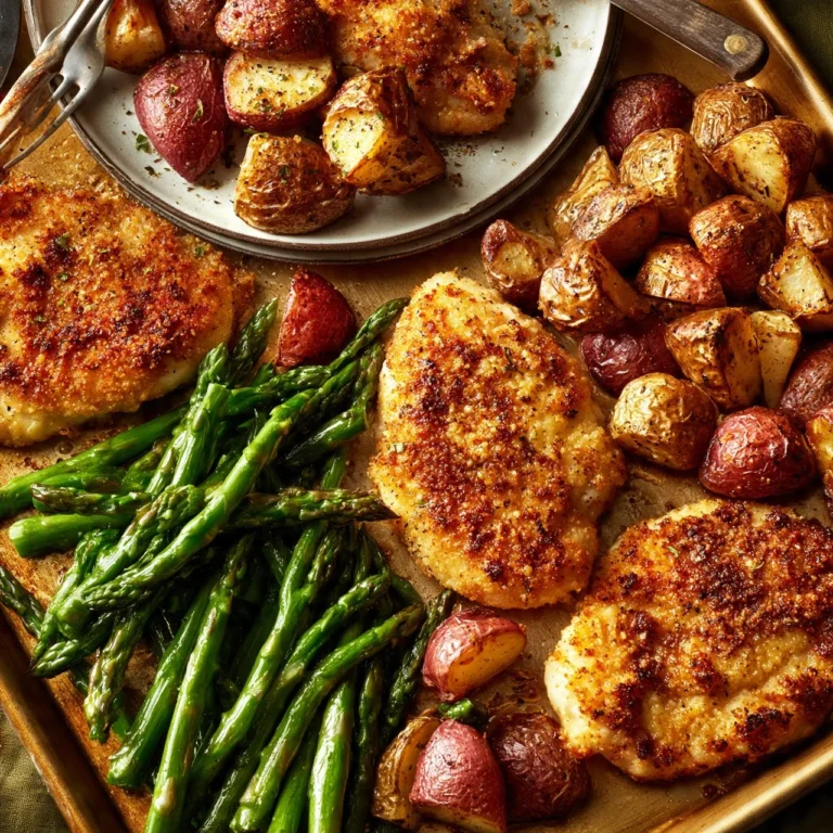Crispy Parmesan Chicken on a sheet pan with vegetables for a quick dinner