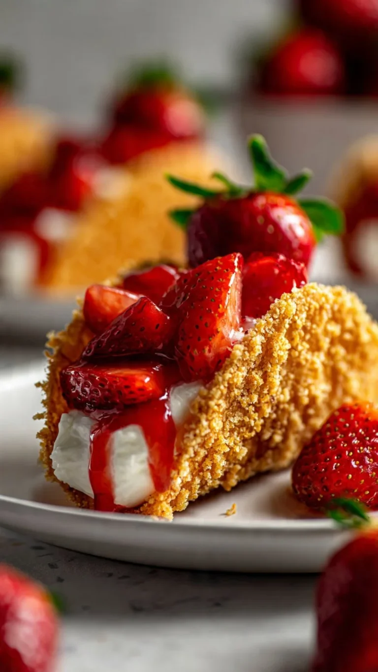 Crispy strawberry crunch cheesecake tacos topped with fresh strawberries and whipped cream