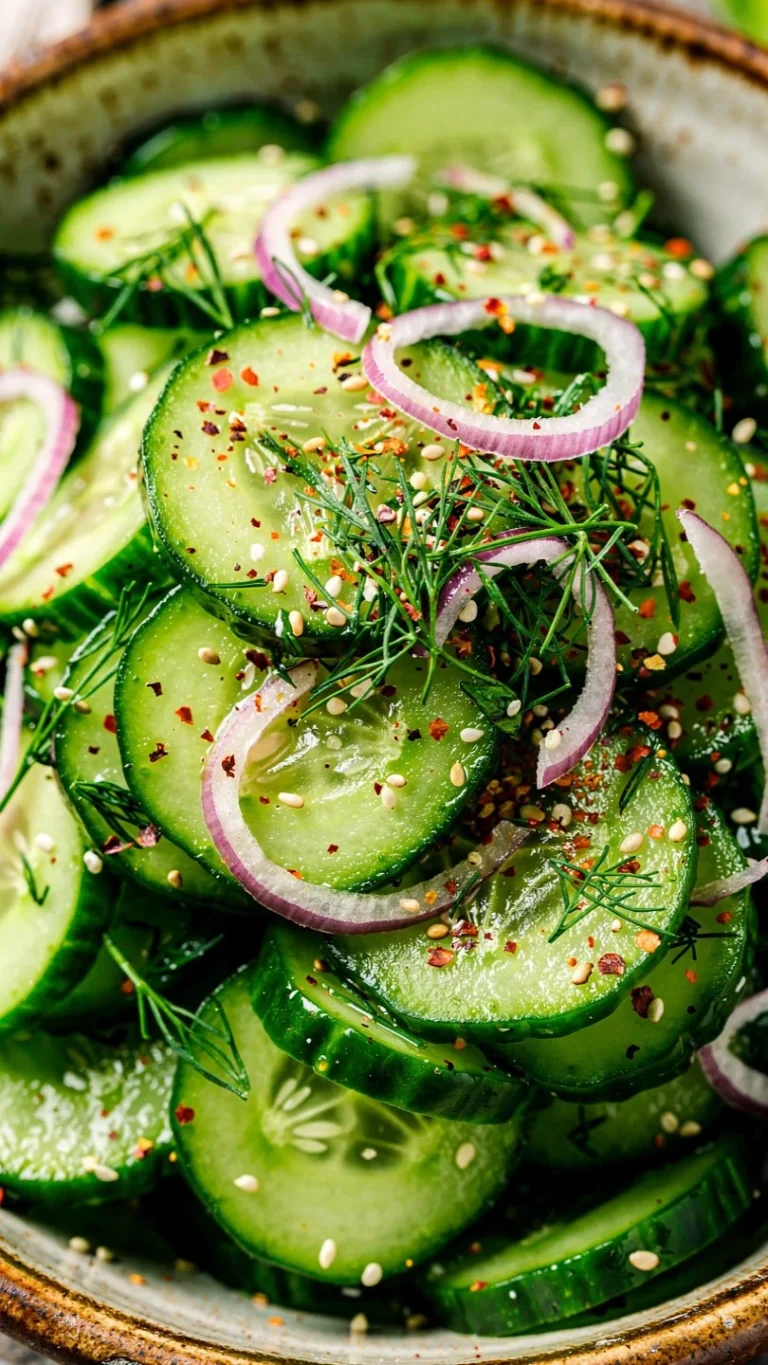 Fresh cucumber salad with vegetables and dressing in a bowl