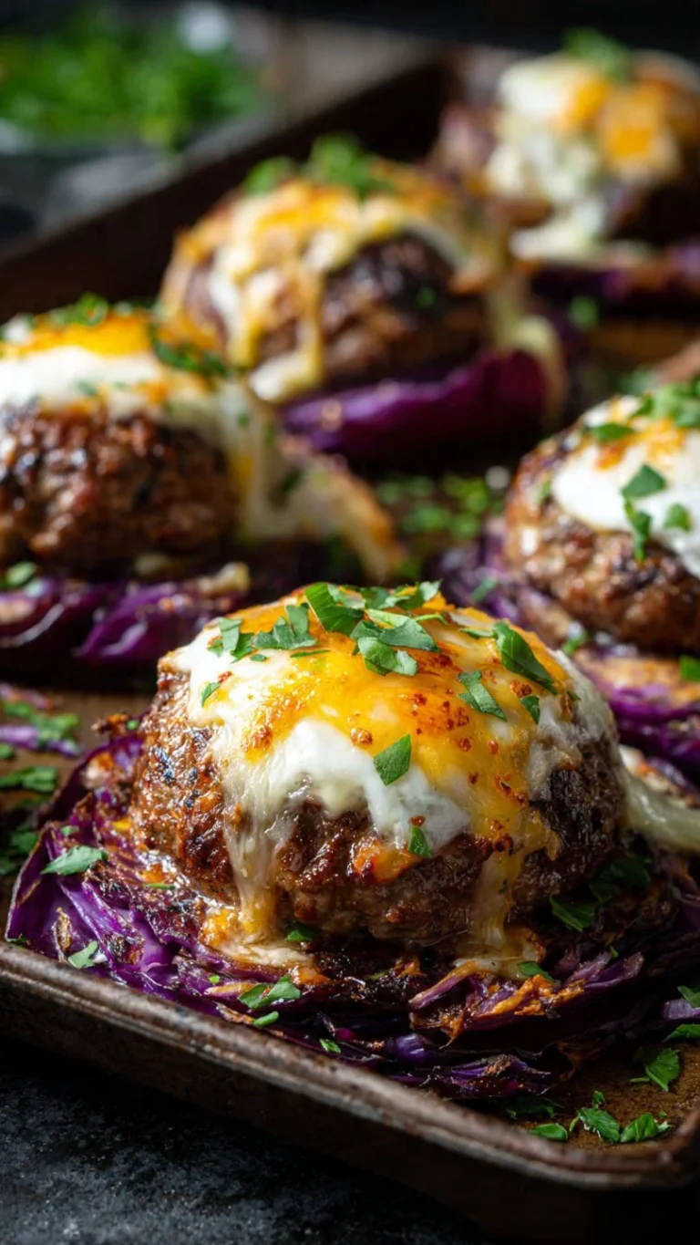 Oven-baked cabbage burgers served on a plate with fresh toppings.