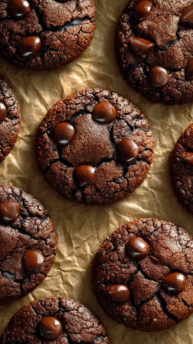 Freshly baked double chocolate chip cookies stacked on a plate