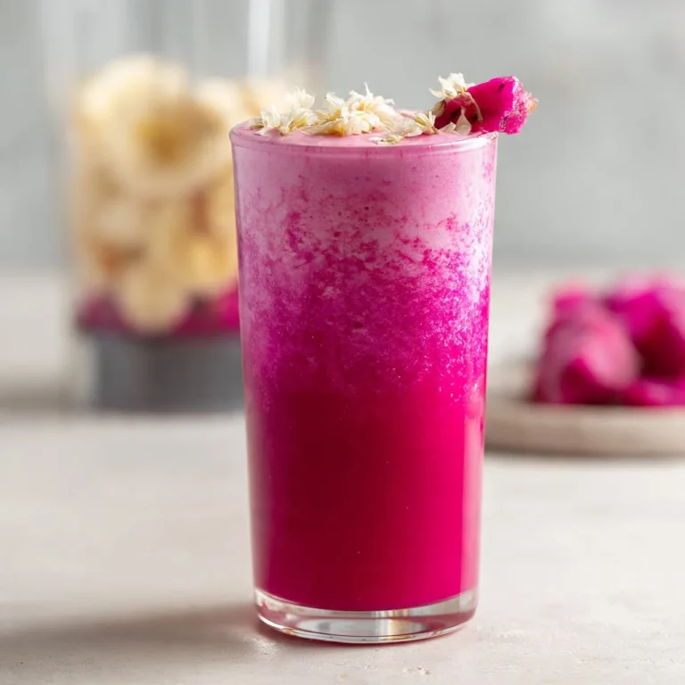 Delicious dragon fruit smoothie in a glass with fresh fruit toppings