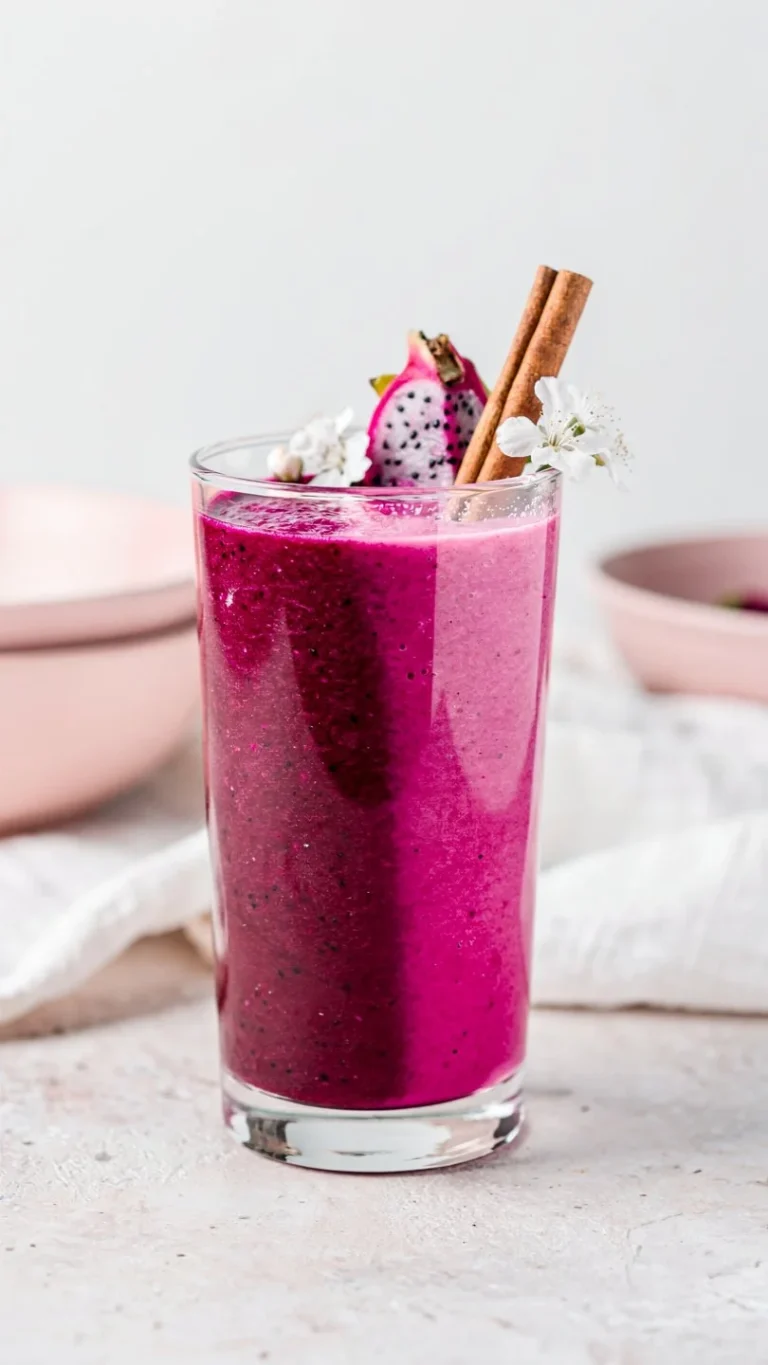 Delicious dragonfruit smoothie in a glass with fresh fruits and toppings