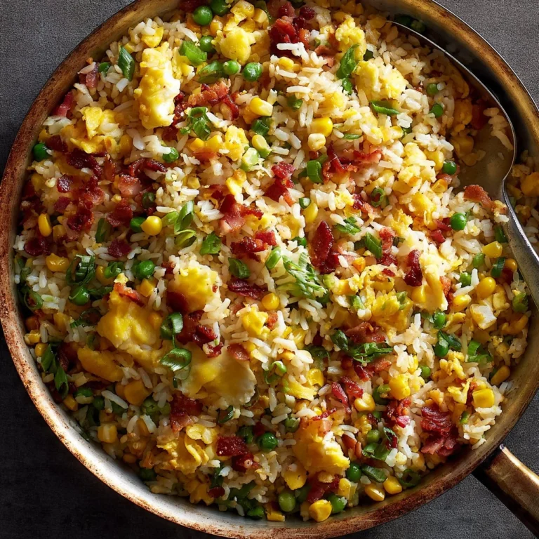 Delicious plate of easy breakfast fried rice with vegetables and eggs