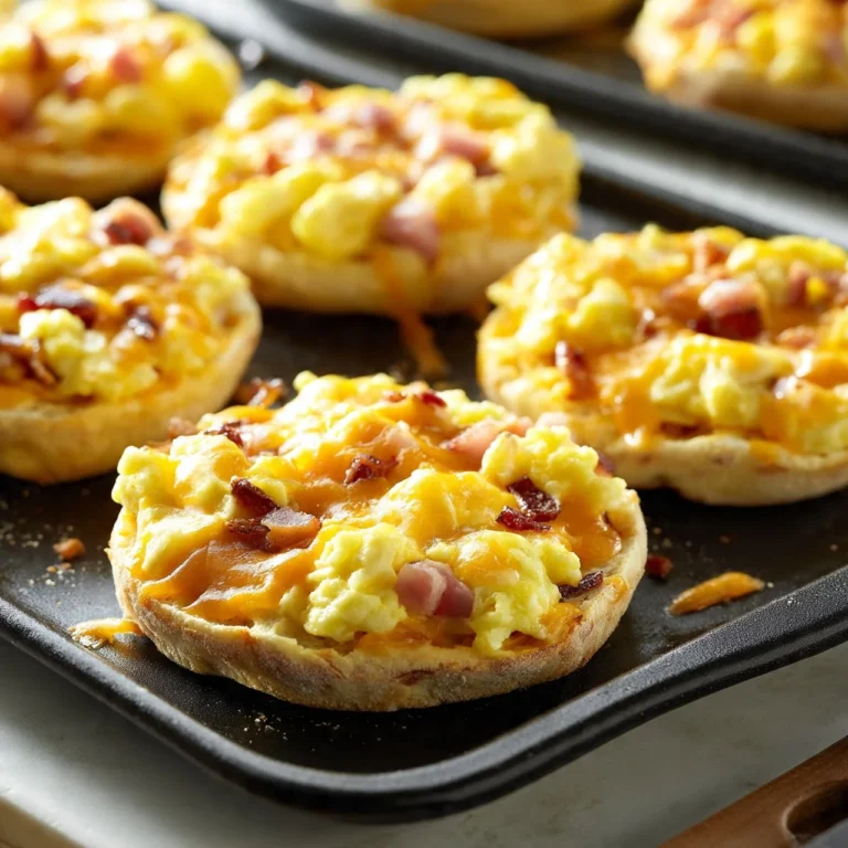 Easy breakfast pizzas on English muffins topped with eggs and cheese