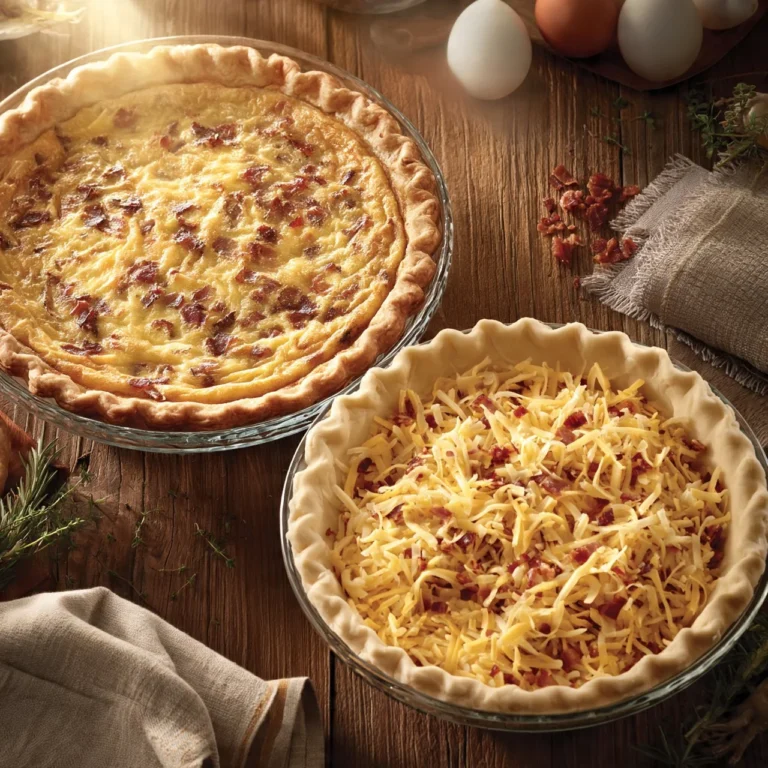 Easy cheesy bacon quiche recipe with crispy bacon and creamy cheese filling