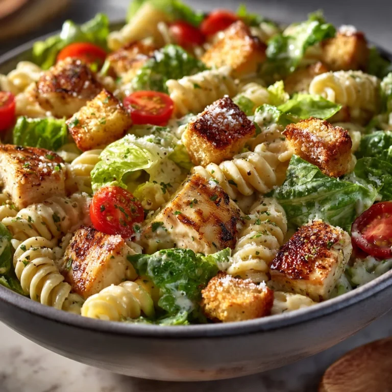 Bowl of Easy Chicken Caesar Pasta Salad with lettuce, chicken, and Caesar dressing