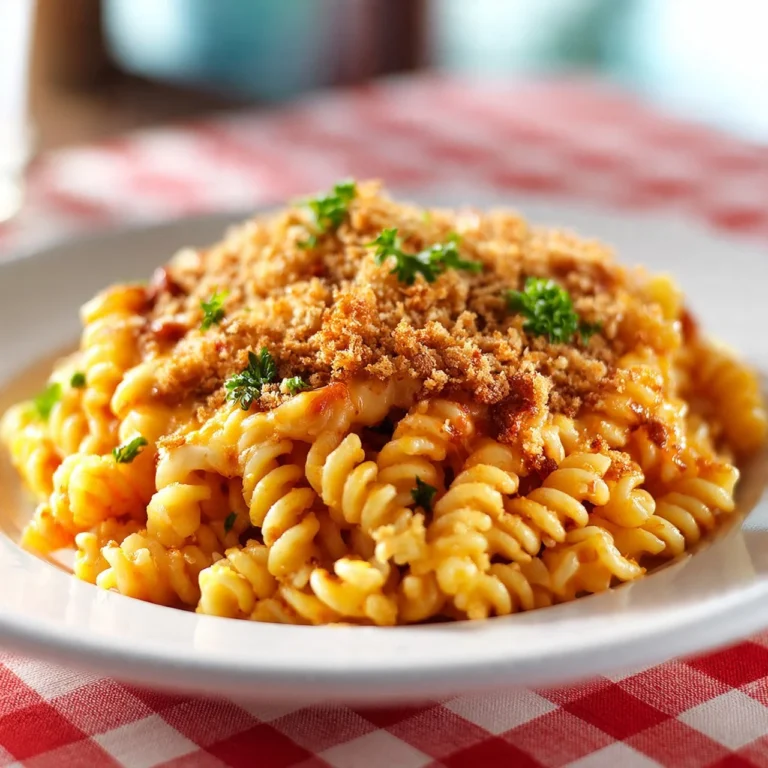 Easy Chicken Parmesan Pasta Casserole topped with melted cheese and herbs