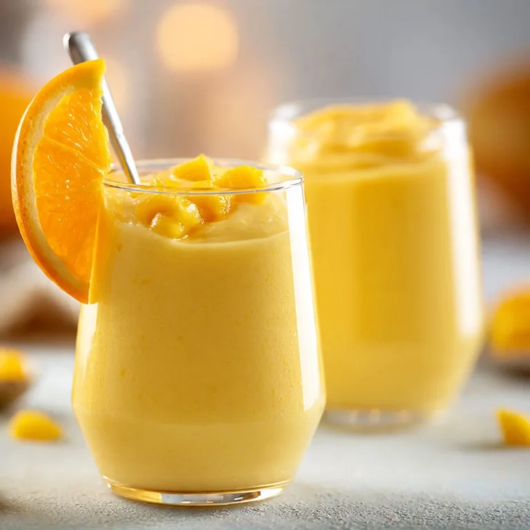 Delicious and refreshing easy mango smoothie in a glass with tropical fruits