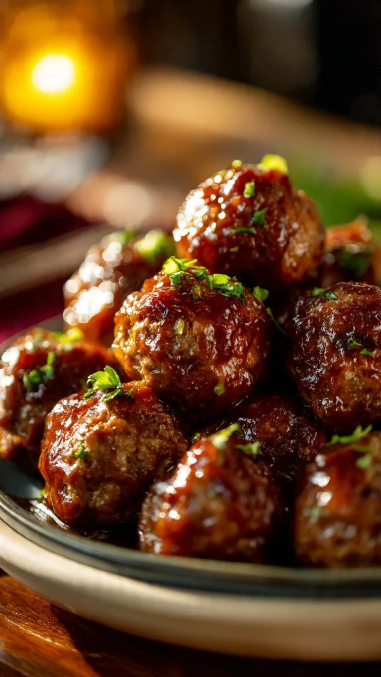 Juicy oven baked beef meatballs served on a plate with herbs