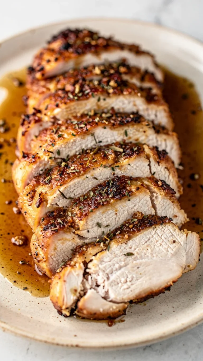 Juicy oven baked chicken breast on a plate with herbs and spices