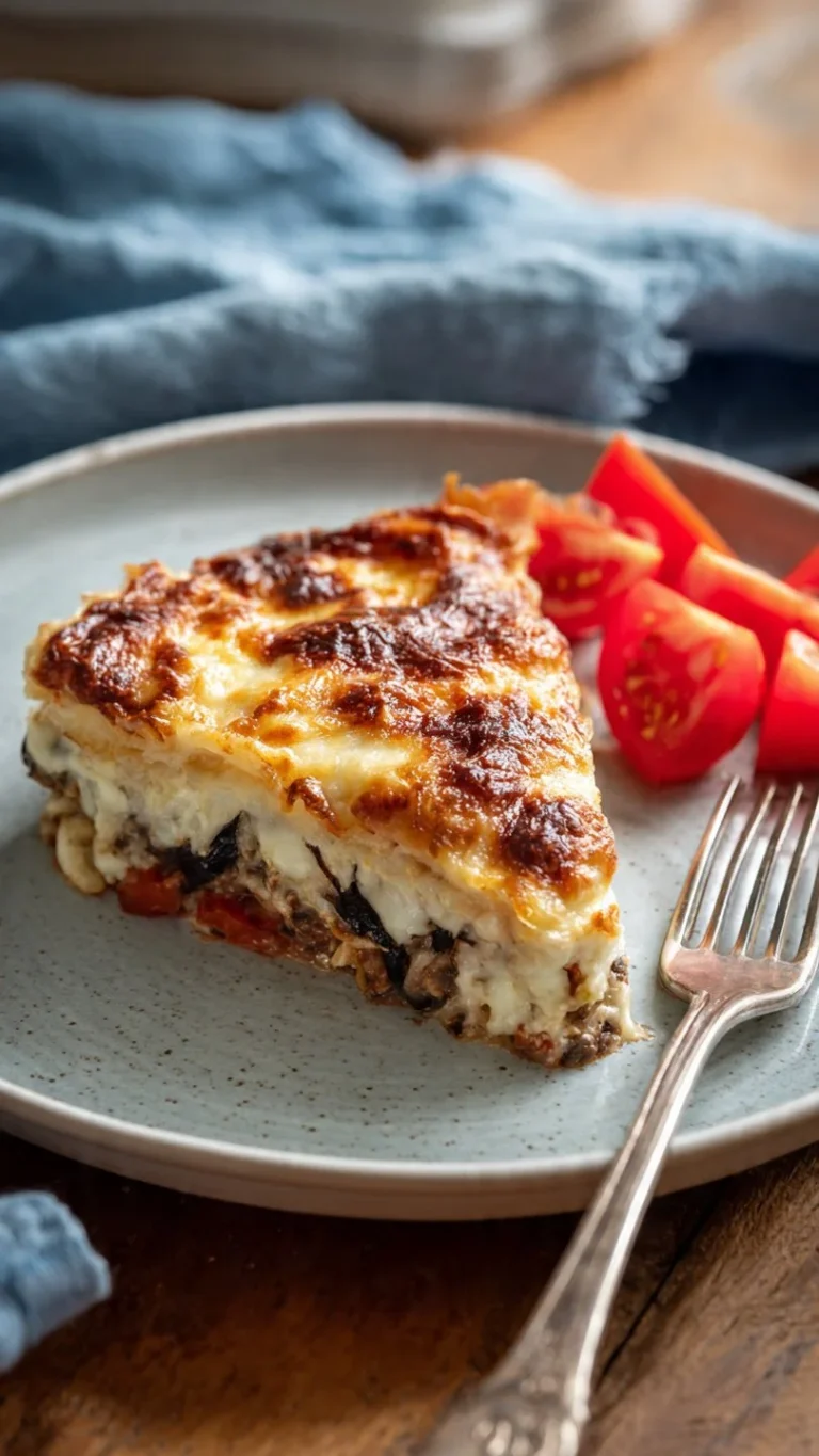 Easy overnight breakfast casserole topped with eggs and cheese, ready to serve.