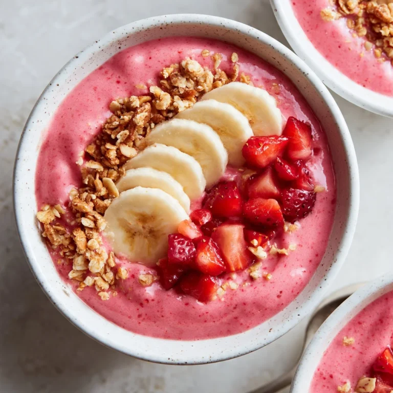 A refreshing strawberry banana smoothie in a glass with fresh fruit around it