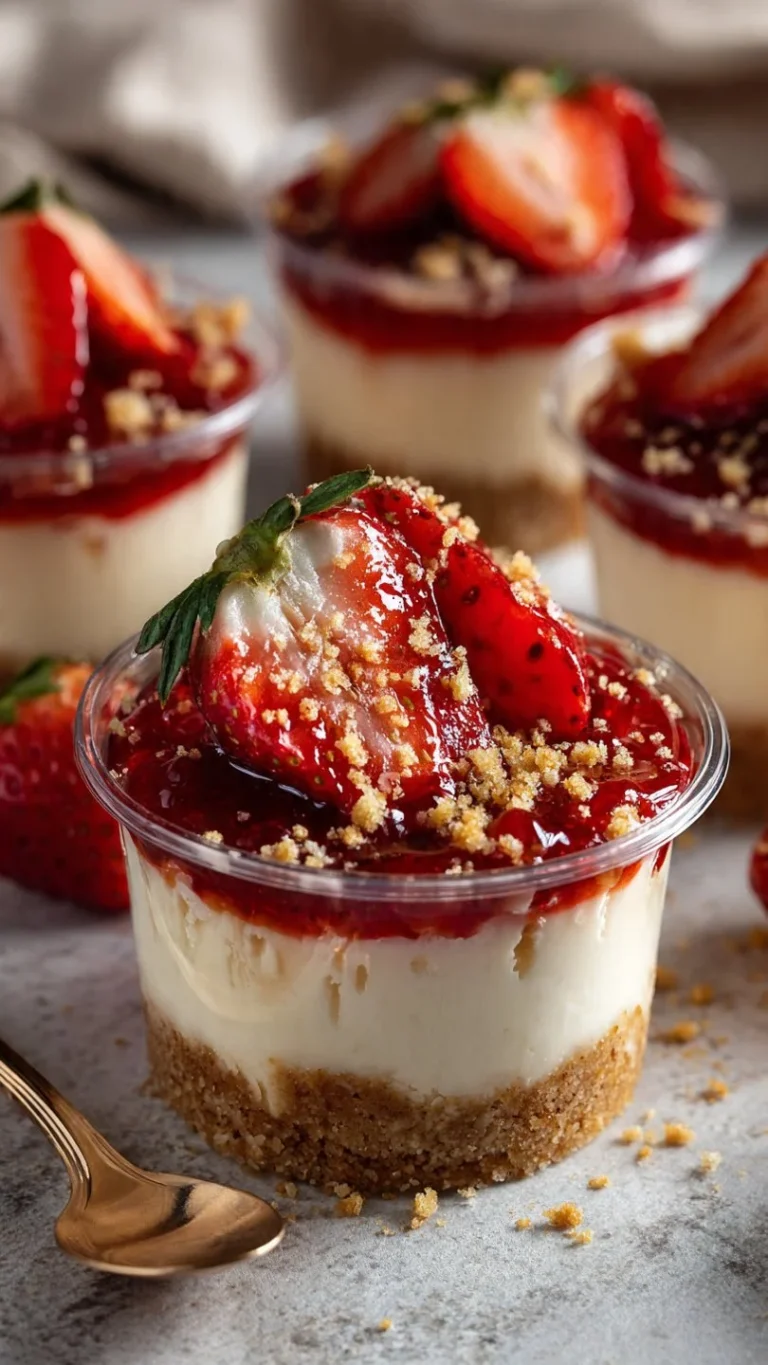 Easy no-bake strawberry cheesecake cups topped with fresh strawberries