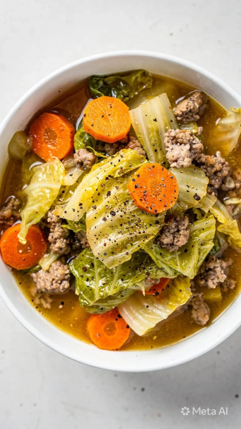 A bowl of flavorful Egg Roll Soup with fresh vegetables and herbs