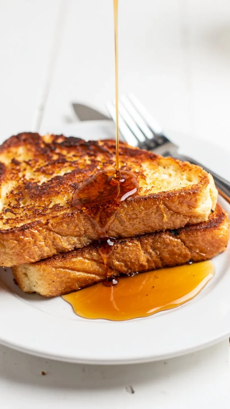 Deliciously golden French Toast topped with syrup and fresh berries.
