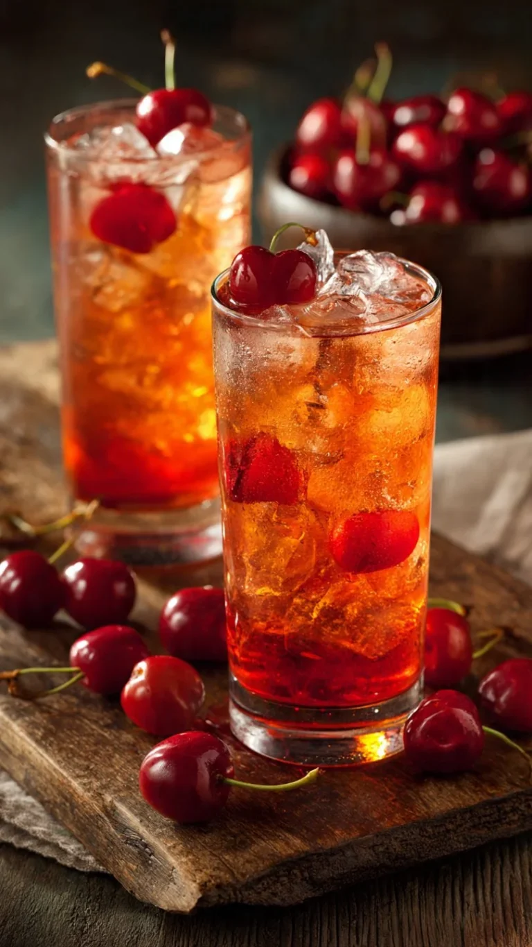 Refreshing Fresh Cherry Amaretto Limeade beverage in a glass with cherries and lime slices