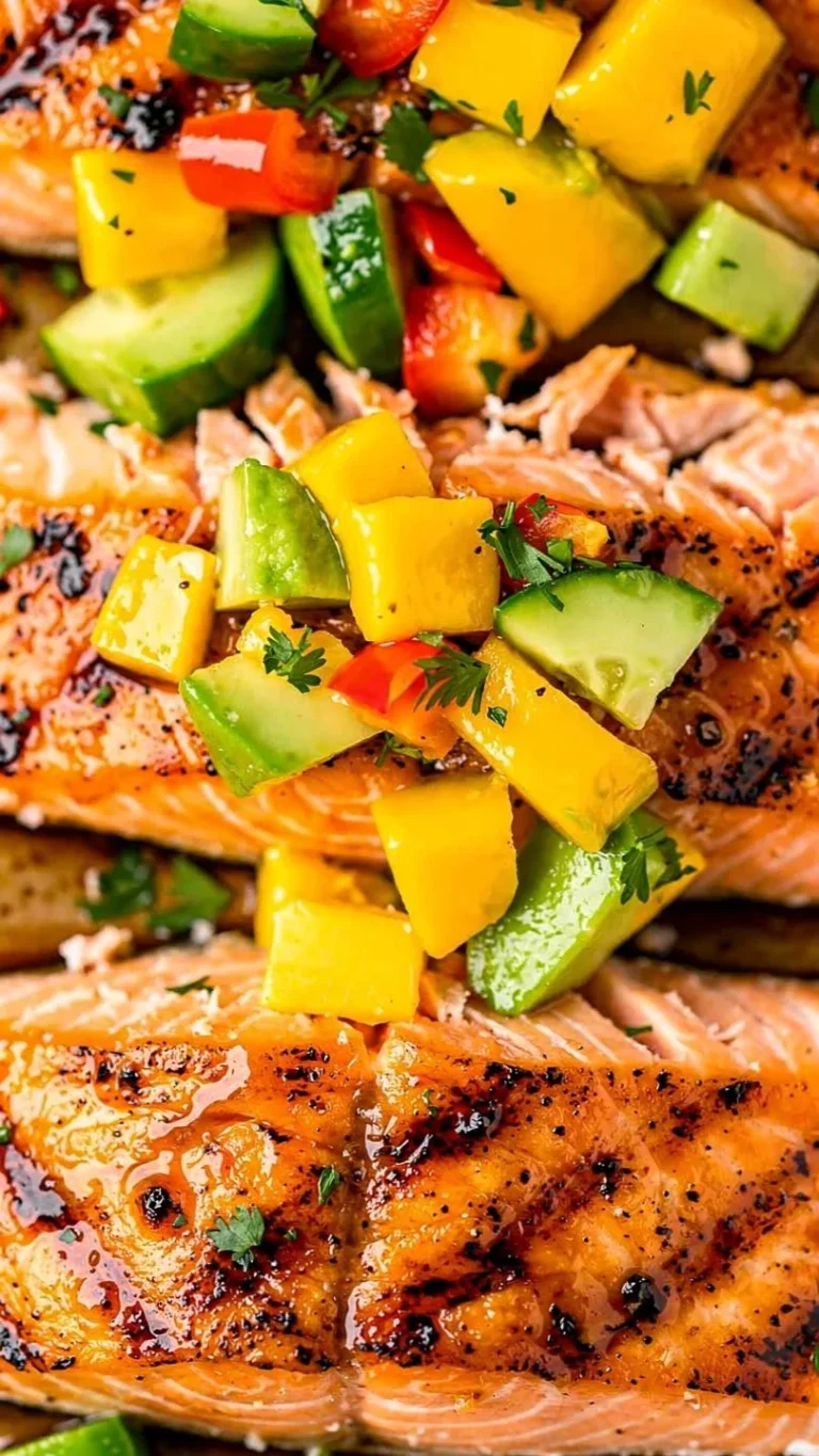 Fresh salmon fillet served with vibrant mango salsa garnish