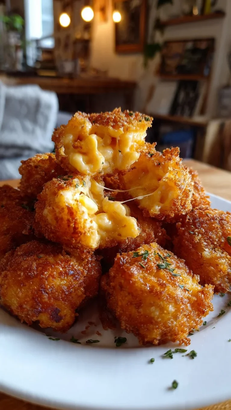 Plate of crispy Fried Mac and Cheese Bites garnished with herbs