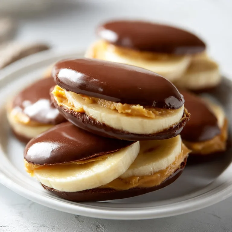 Frozen chocolate-dipped banana peanut butter bites on a plate