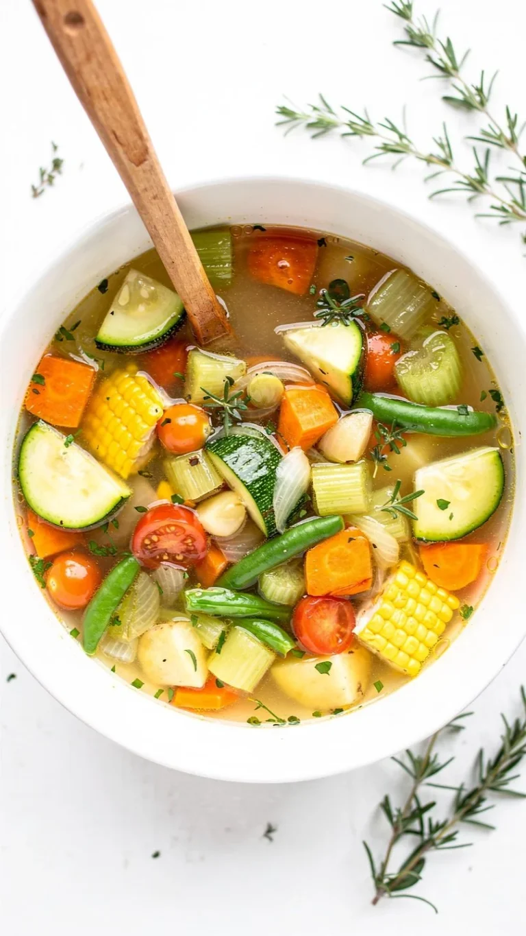 Bowl of colorful garden vegetable soup with fresh ingredients