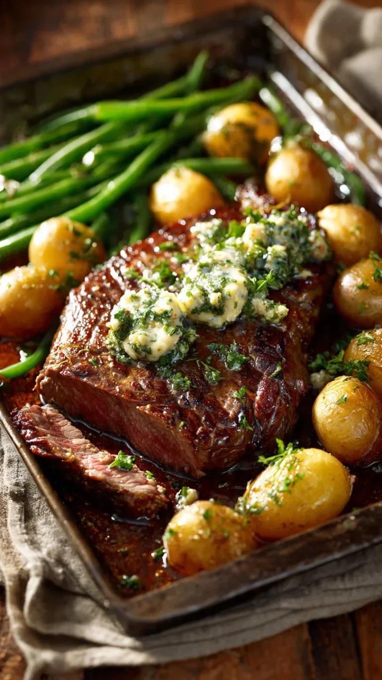 Juicy Garlic Herb Butter Steak with herbs and spices on a serving plate.
