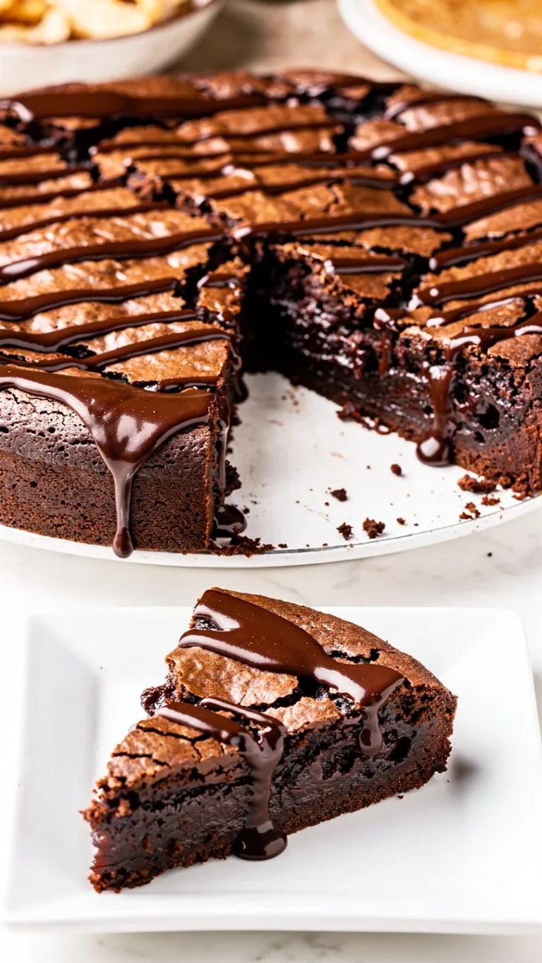 Delicious gooey brownie pie served on a plate, topped with chocolate drizzle.