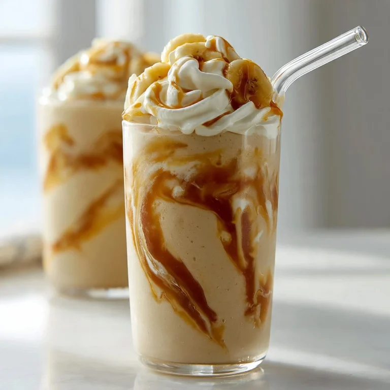 A creamy and delicious Bananas Foster Smoothie in a glass garnished with banana slices.