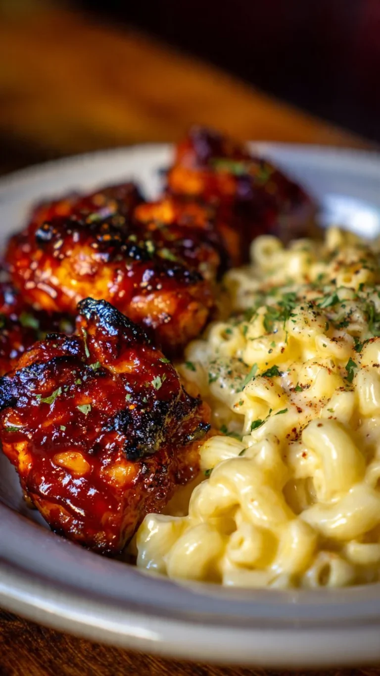 Delicious Honey BBQ chicken served alongside creamy mac and cheese