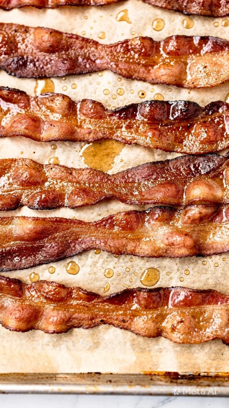 Crispy oven-cooked bacon on a baking sheet for a delicious breakfast.