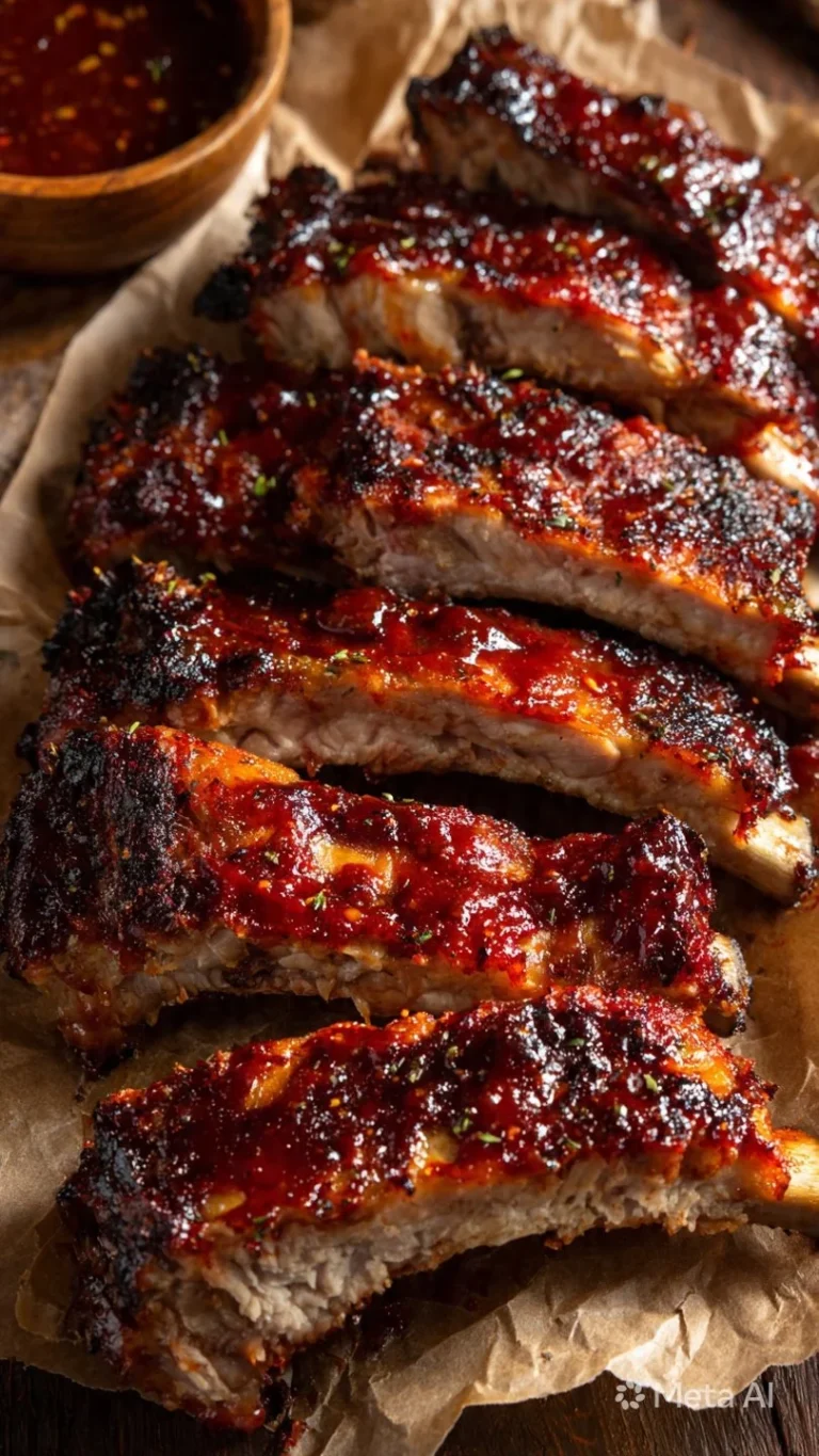 Plate of tender oven-baked ribs with BBQ sauce and herbs