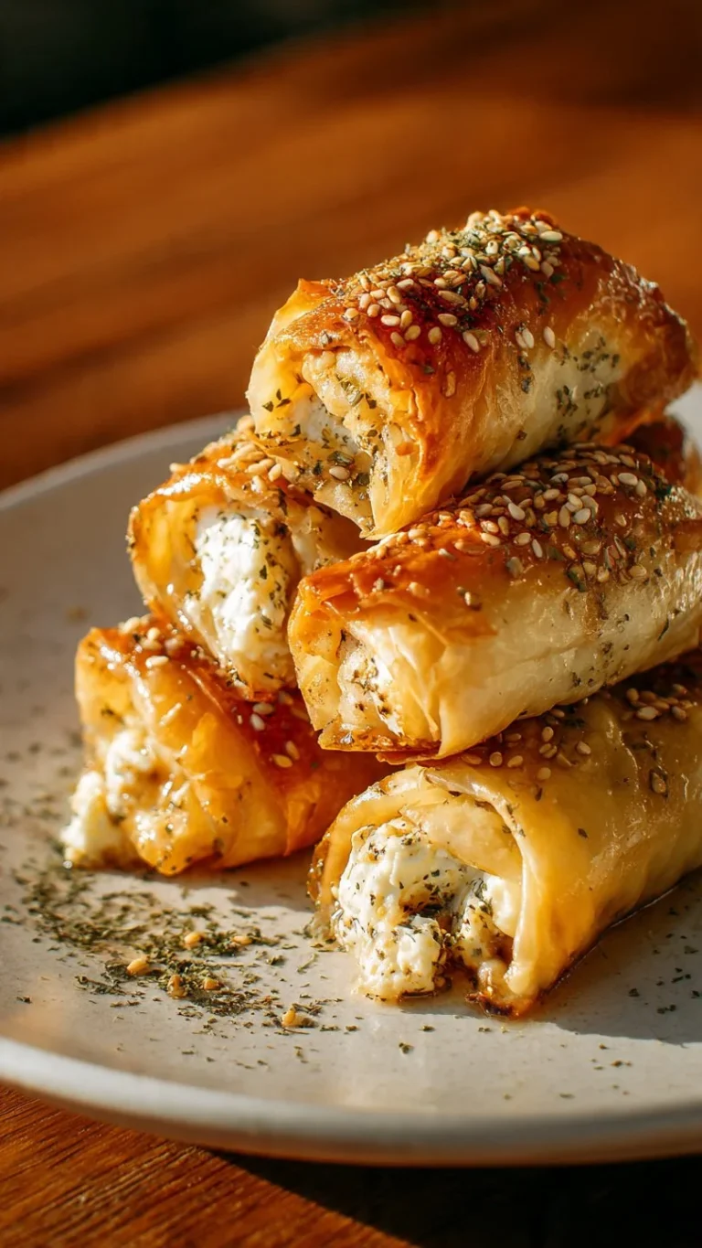 Plate of oven fried feta rolls drizzled with chili honey sauce