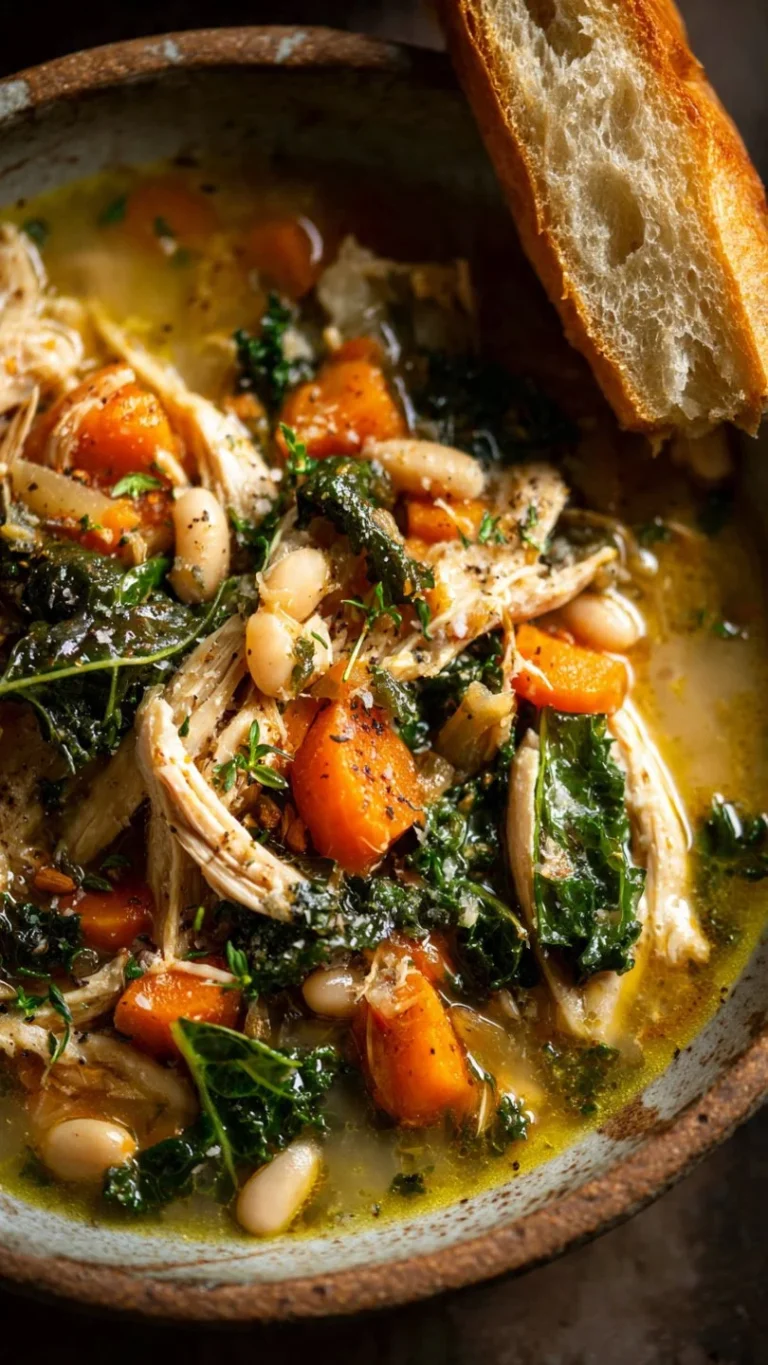 Bowl of Kale Tuscan Chicken Soup with fresh ingredients