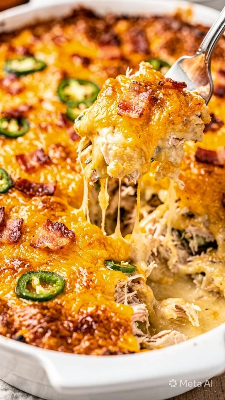 Keto Jalapeño Chicken Casserole with melted cheese and jalapeño peppers