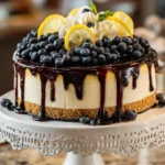 Lemon Blueberry Cheesecake Cake topped with fresh blueberries and lemon zest