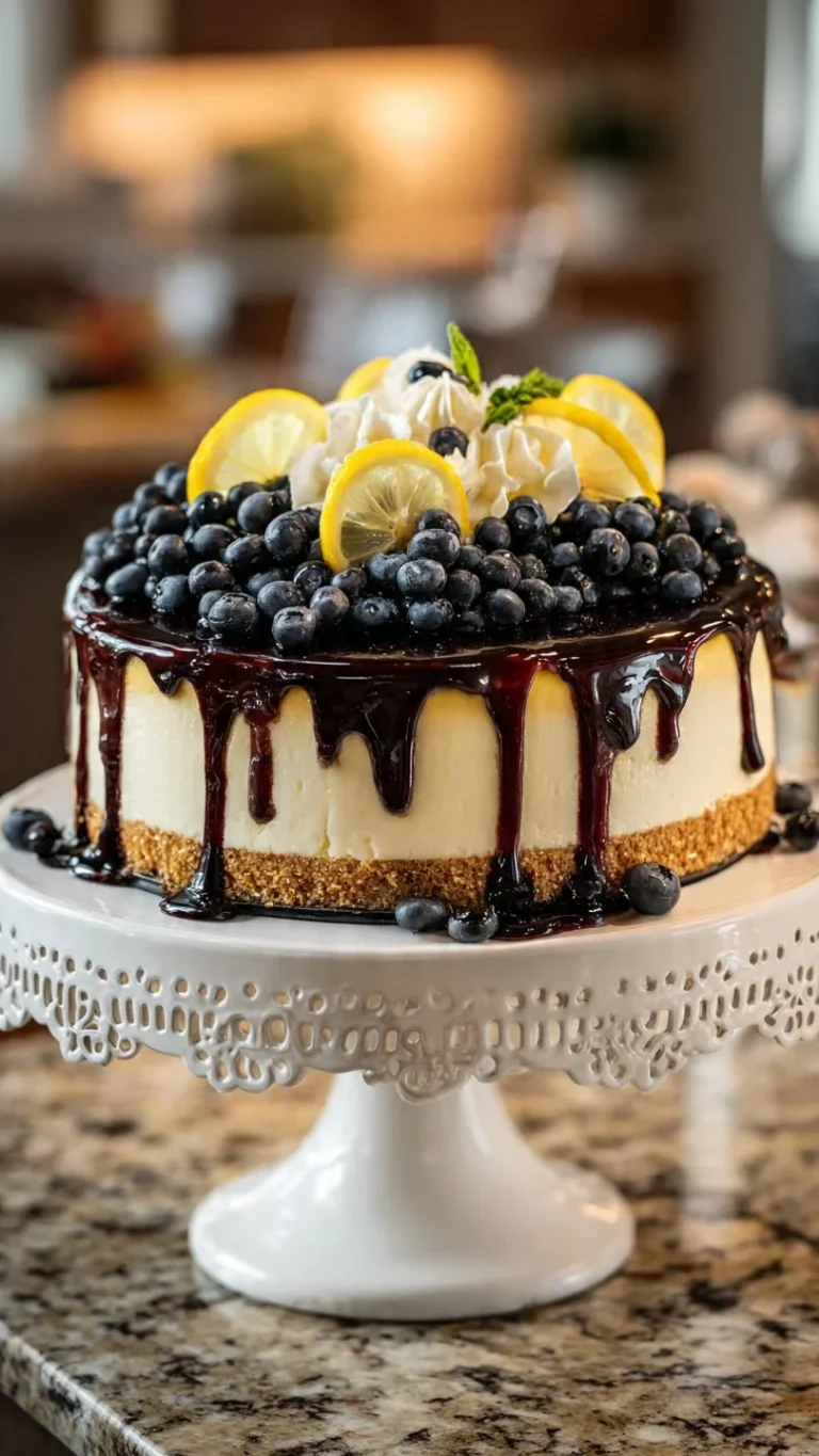 Lemon Blueberry Cheesecake Cake topped with fresh blueberries and lemon zest