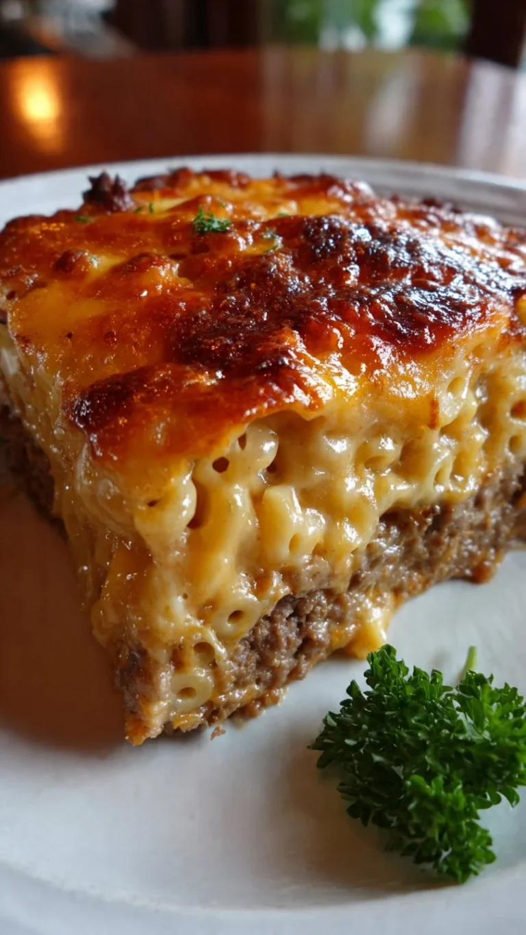 Delicious Mac and Cheese Meatloaf Casserole served in a baking dish
