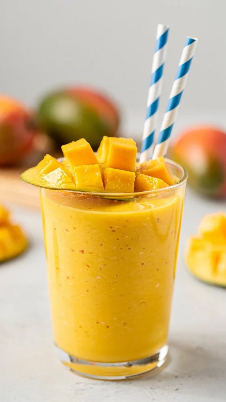 Delicious mango smoothie in a glass with fresh mango slices